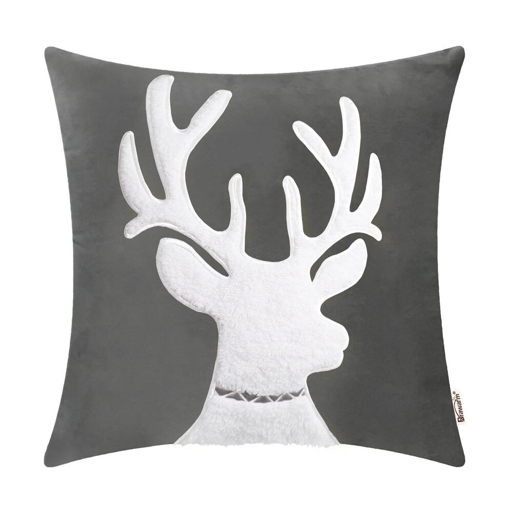 6534 Christmas Pillow Cover 20 X 20 Inches, Gray Reindeer Embroidered